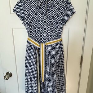 Boden Navy and White Geometric Midi Dress with Belt
